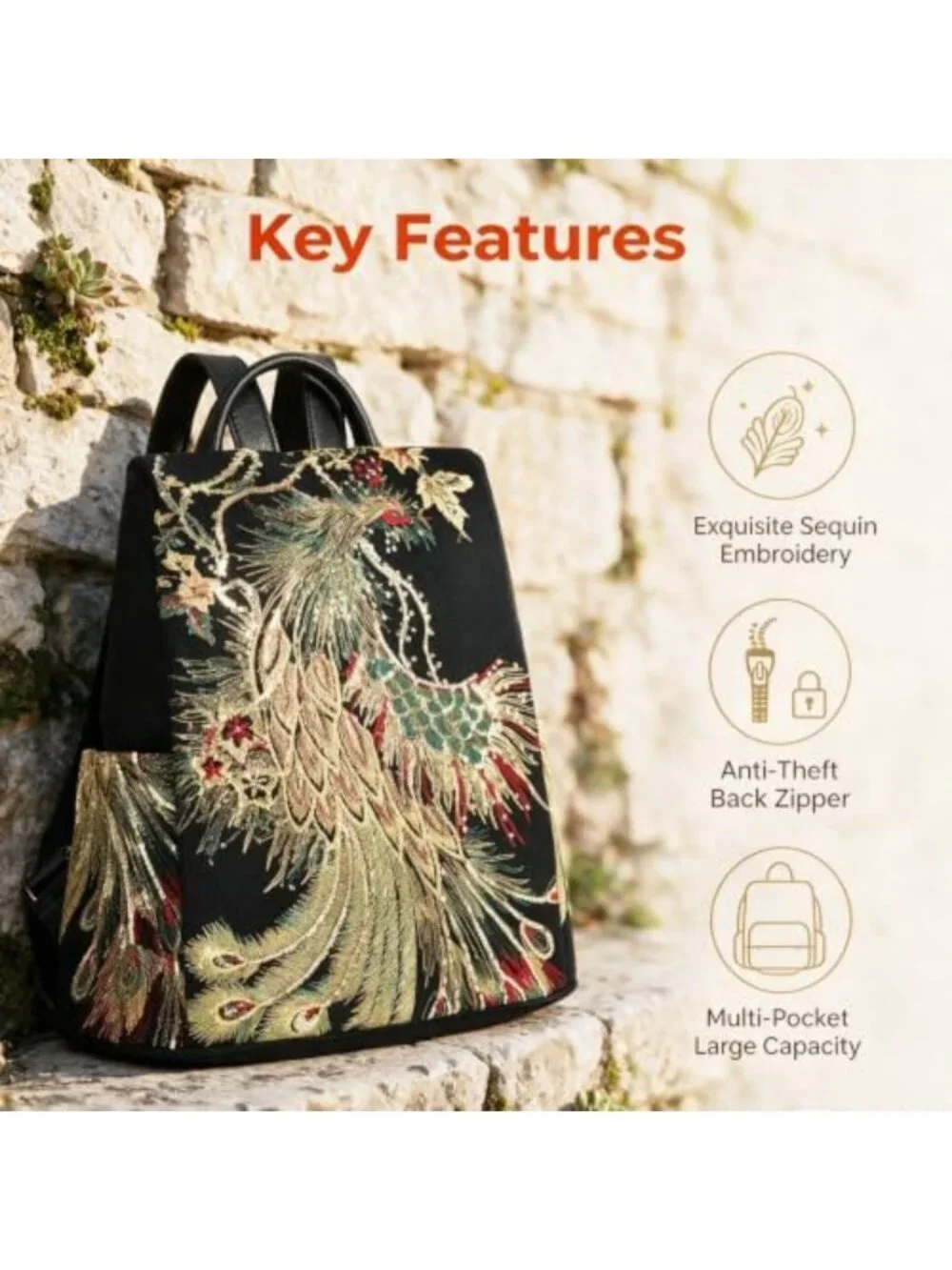 Glitter Embroidery Women's Backpack Purse | Fashion Canvas Anti-Theft Rucksack